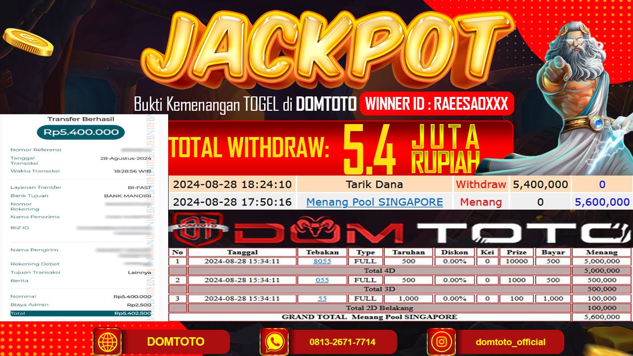 JACKPOT MENANG TOGEL SINGAPORE 28 AGUSTUS 2024